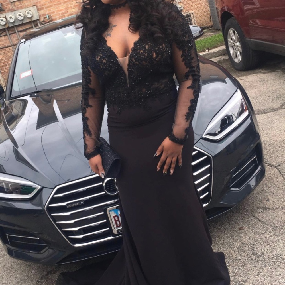 Black Prom Dress with Black Lace, & Long Train